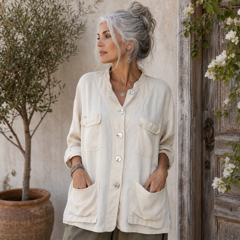 Vintage Free Wear Lagenlook Linen Look Jacket Top Sz L Oversized Boho Lagom